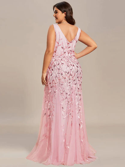 Plus Size Double V-Neck Fishtail Sequin Formal Maxi Evening Dress