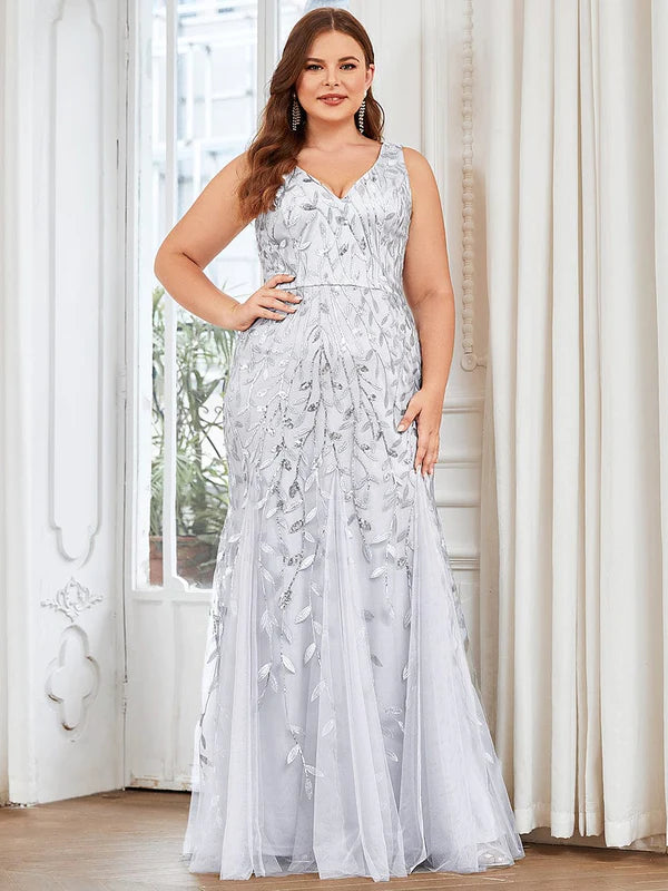 Plus Size Double V-Neck Fishtail Sequin Formal Maxi Evening Dress