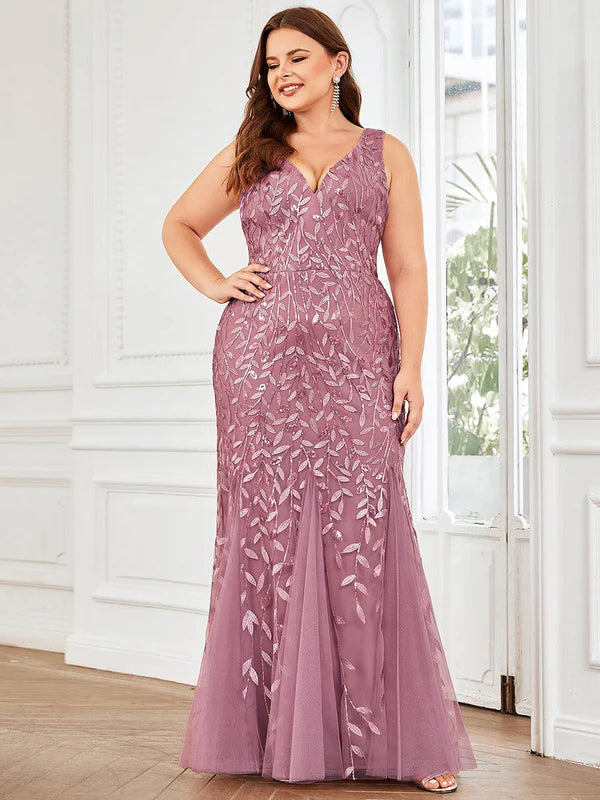 Plus Size Double V-Neck Fishtail Sequin Formal Maxi Evening Dress