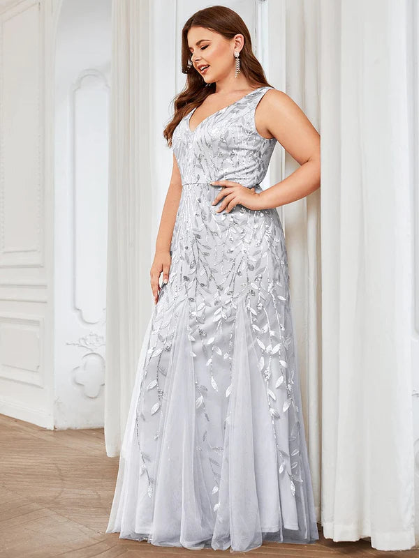 Plus Size Double V-Neck Fishtail Sequin Formal Maxi Evening Dress