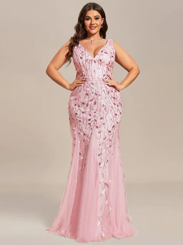 Plus Size Double V-Neck Fishtail Sequin Formal Maxi Evening Dress