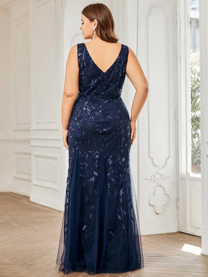 Plus Size Double V-Neck Fishtail Sequin Formal Maxi Evening Dress