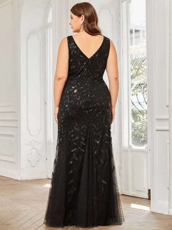 Plus Size Double V-Neck Fishtail Sequin Formal Maxi Evening Dress