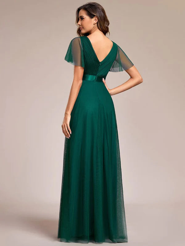 Double V-Neck Floor-Length Short Sleeve Tulle Bridesmaid Dresses