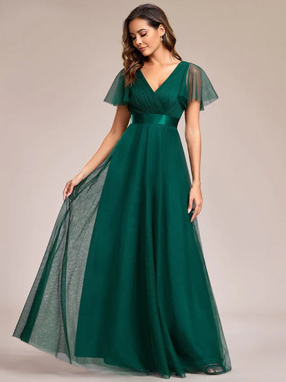 Double V-Neck Floor-Length Short Sleeve Tulle Bridesmaid Dresses