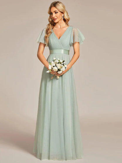 Double V-Neck Floor-Length Short Sleeve Tulle Bridesmaid Dresses