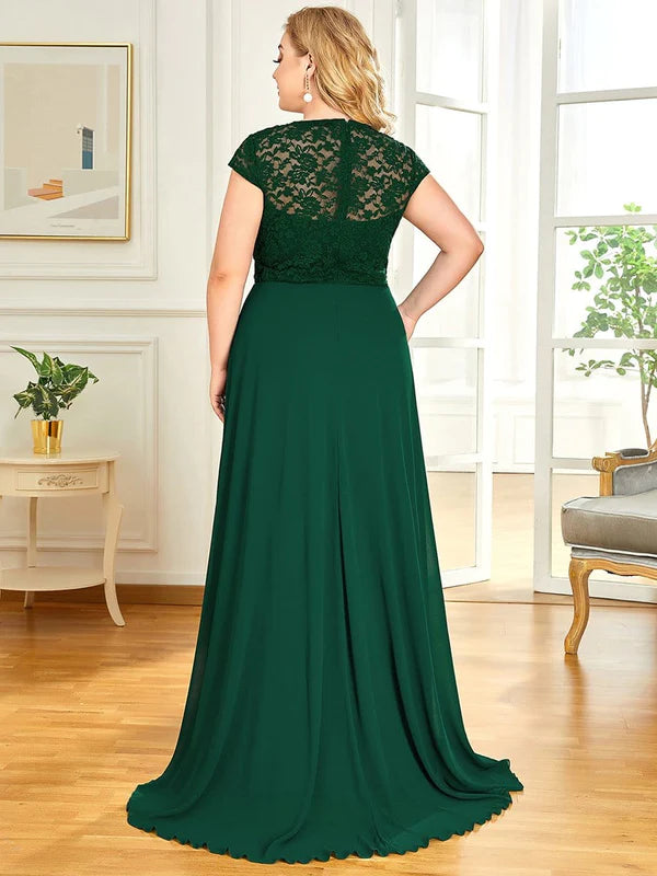 Plus Size Cap Sleeve Maxi Evening Dress for Wedding Guest