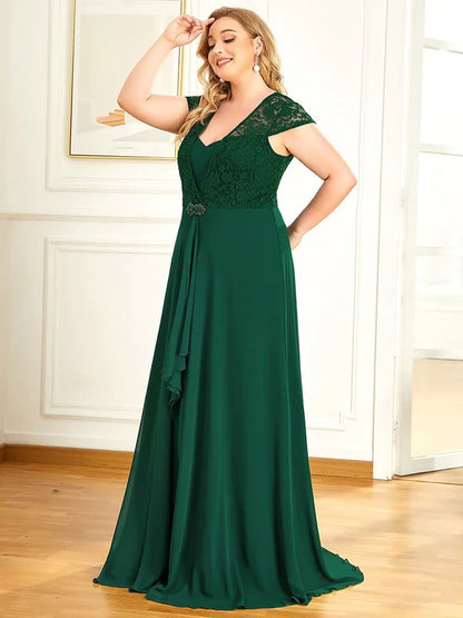 Plus Size Cap Sleeve Maxi Evening Dress for Wedding Guest