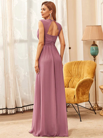 V-Neck Sleeveless Beaded Belt Chiffon A-Line Evening Dress