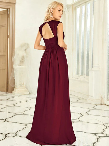 V-Neck Sleeveless Beaded Belt Chiffon A-Line Evening Dress