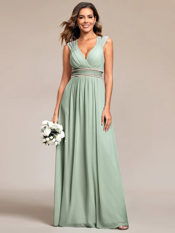 V-Neck Sleeveless Beaded Belt Chiffon A-Line Evening Dress