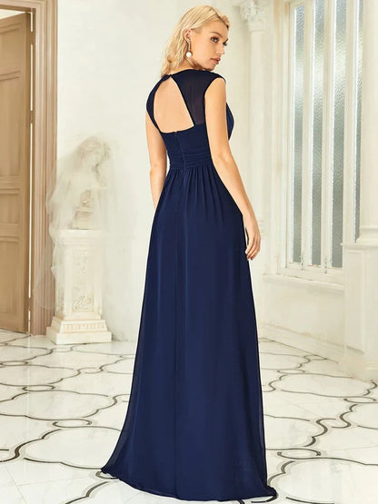 V-Neck Sleeveless Beaded Belt Chiffon A-Line Evening Dress