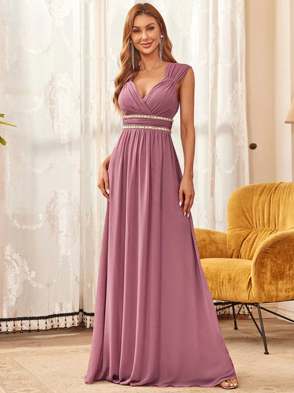 V-Neck Sleeveless Beaded Belt Chiffon A-Line Evening Dress