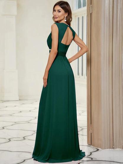 V-Neck Sleeveless Beaded Belt Chiffon A-Line Evening Dress