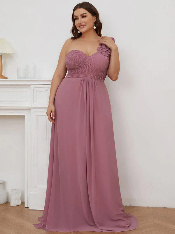 Plus Size One Shoulder Long Chiffon Bridesmaid Dress