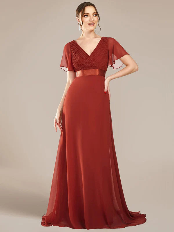 Flutter Sleeves Empire Waist Long Chiffon Bridesmaid Dress