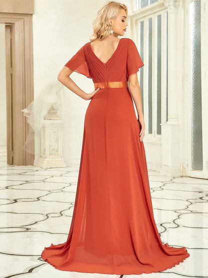 Flutter Sleeves Empire Waist Long Chiffon Bridesmaid Dress