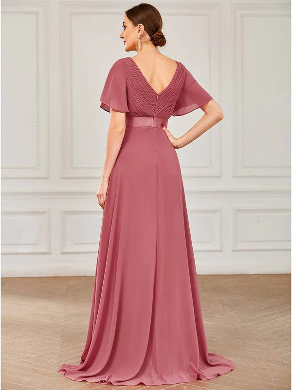 Flutter Sleeves Empire Waist Long Chiffon Bridesmaid Dress