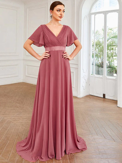 Flutter Sleeves Empire Waist Long Chiffon Bridesmaid Dress