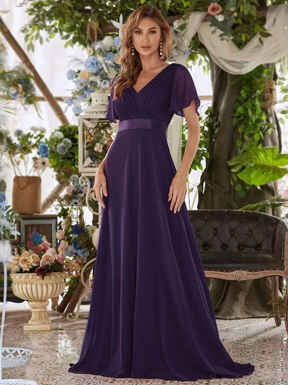 Flutter Sleeves Empire Waist Long Chiffon Bridesmaid Dress