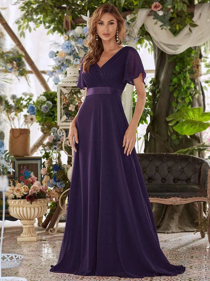 Long Chiffon Empire Waist Bridesmaid Dress with Short Flutter Sleeves