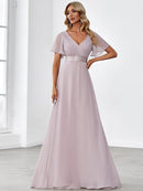 Flutter Sleeves Empire Waist Long Chiffon Bridesmaid Dress