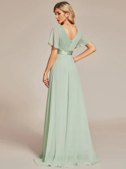 Long Chiffon Empire Waist Bridesmaid Dress with Short Flutter Sleeves