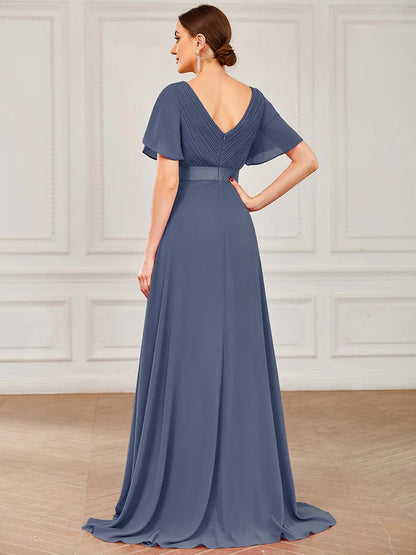 Flutter Sleeves Empire Waist Long Chiffon Bridesmaid Dress