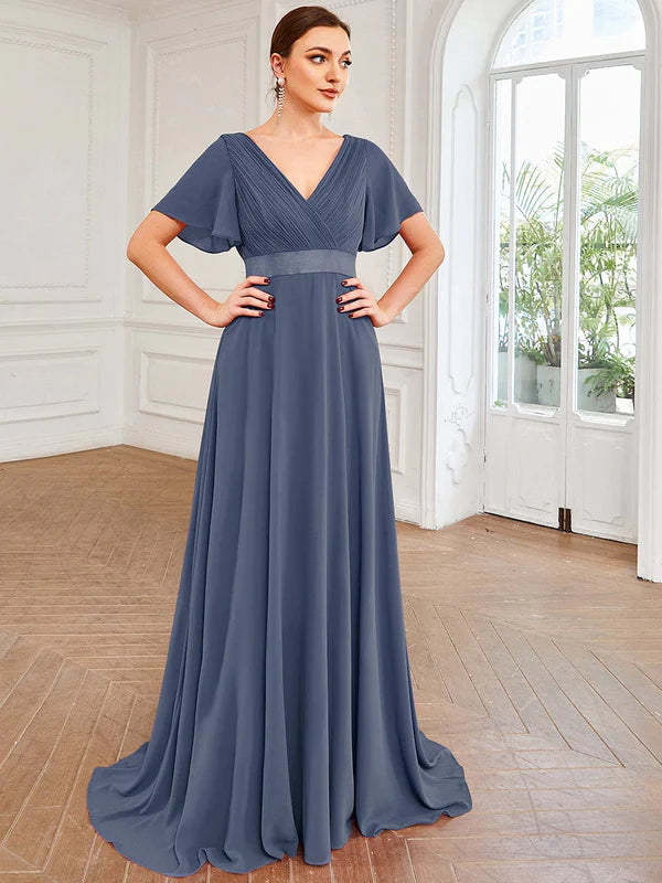 Flutter Sleeves Empire Waist Long Chiffon Bridesmaid Dress