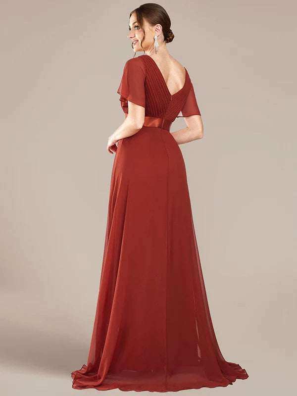 Flutter Sleeves Empire Waist Long Chiffon Bridesmaid Dress