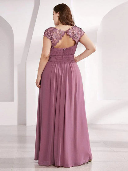 Plus Size Maxi Long Formal Lace Cap Sleeve Evening Dress