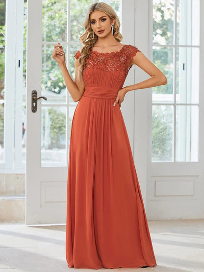 Classic Maxi Long Lace Cap Sleeve Bridesmaid Dress