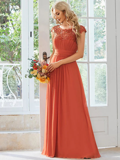 Classic Maxi Long Lace Cap Sleeve Bridesmaid Dress