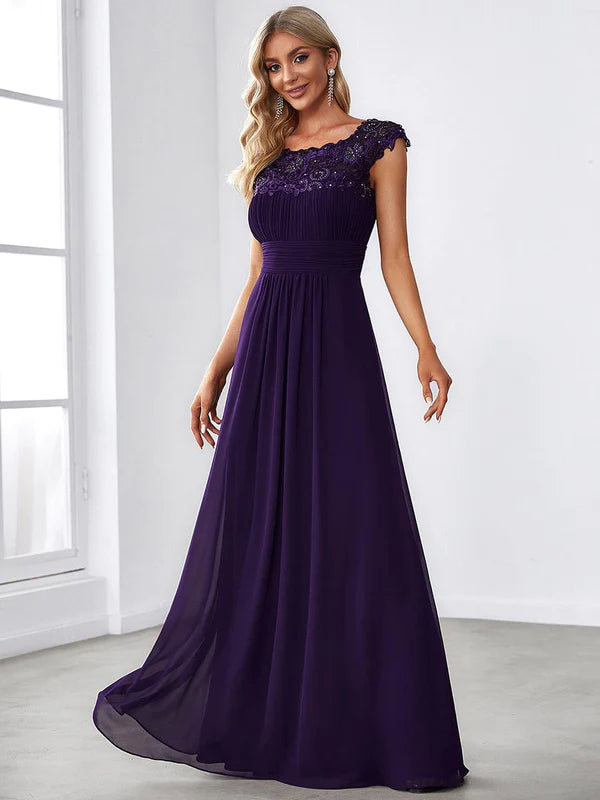 Classic Maxi Long Lace Cap Sleeve Bridesmaid Dress