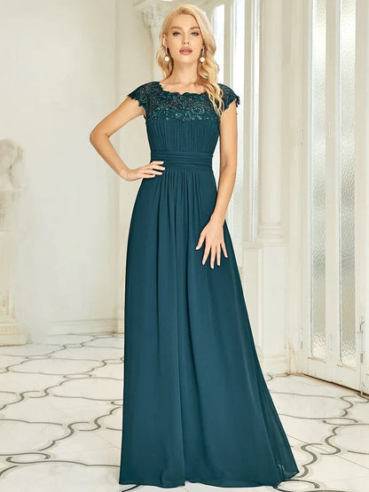 Classic Maxi Long Lace Cap Sleeve Bridesmaid Dress