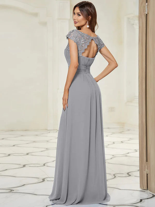 Classic Maxi Long Lace Cap Sleeve Bridesmaid Dress