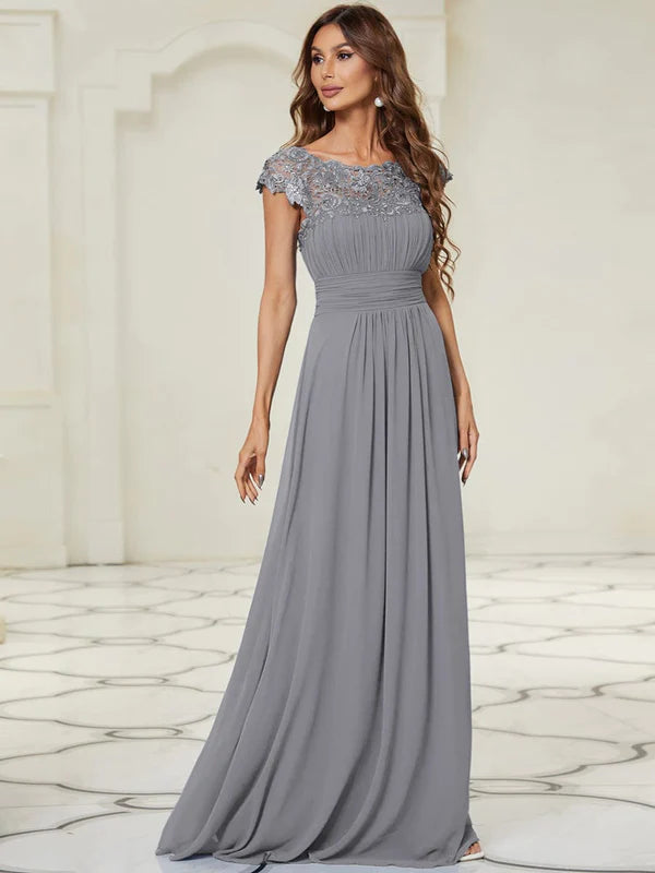 Classic Maxi Long Lace Cap Sleeve Bridesmaid Dress