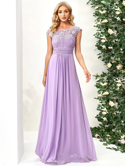 Classic Maxi Long Lace Cap Sleeve Bridesmaid Dress