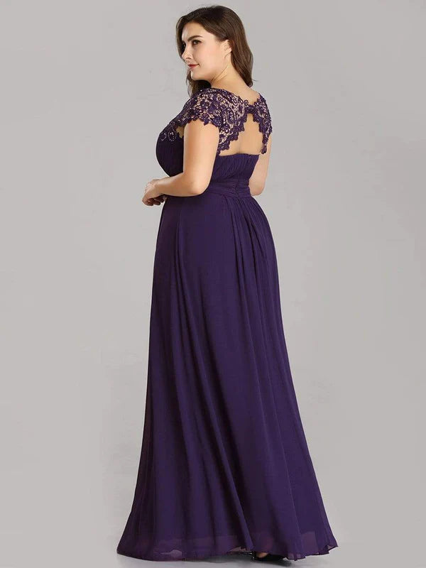 Plus Size Maxi Long Formal Lace Cap Sleeve Evening Dress