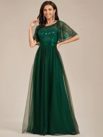 Women's A-Line Sequin Leaf Maxi Prom Dress with Sleeves/Evening Dresses