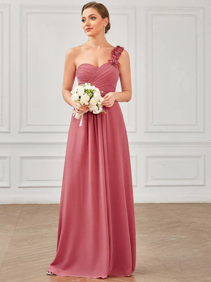 Sweet Pleated Bodice One Shoulder Chiffon Bridesmaid Dress