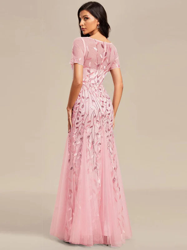 Floral Sequin Print Maxi Long Fishtail Formal Dresses With Half Sleeve