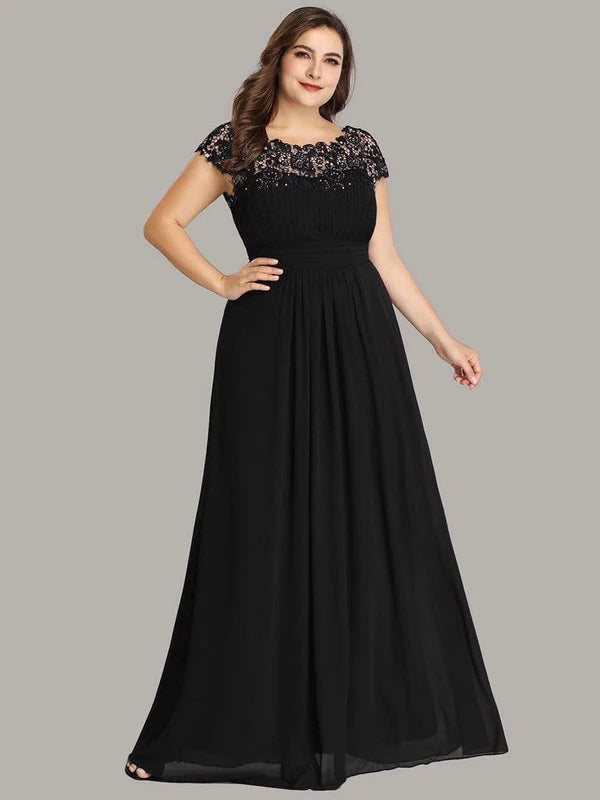 Plus Size Maxi Long Formal Lace Cap Sleeve Evening Dress