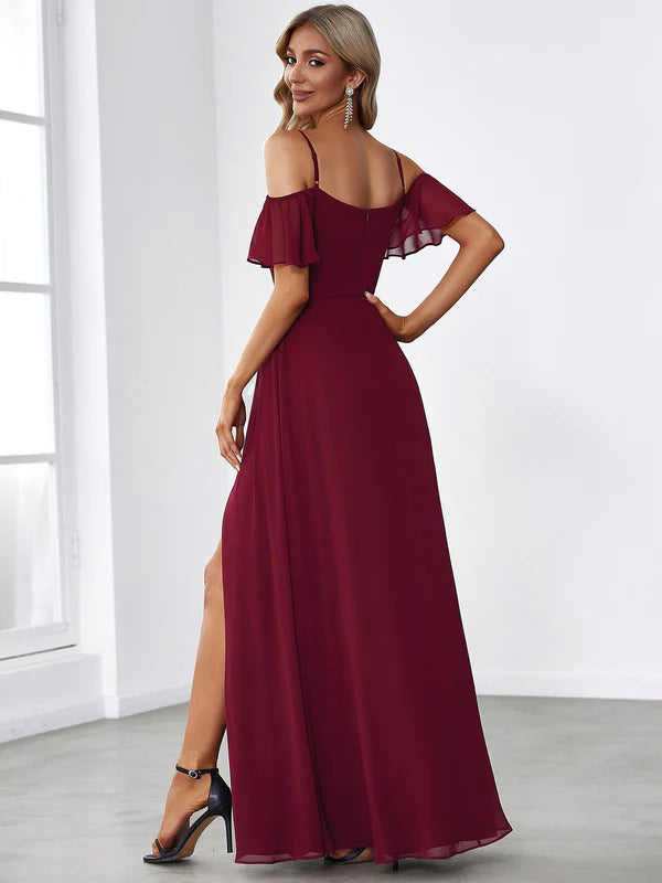 Chiffon Off-The-Shoulder Side Slit Bridesmaid Dress with sleeves