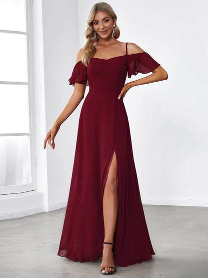 Chiffon Off-The-Shoulder Side Slit Bridesmaid Dress with sleeves