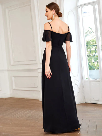 Chiffon Off-The-Shoulder Side Slit Bridesmaid Dress with sleeves