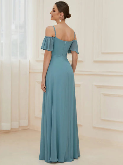 Chiffon Off-The-Shoulder Side Slit Bridesmaid Dress with sleeves