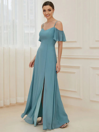 Chiffon Off-The-Shoulder Side Slit Bridesmaid Dress with sleeves