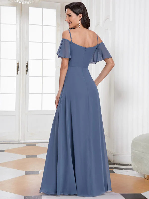 Chiffon Off-The-Shoulder Side Slit Bridesmaid Dress with sleeves