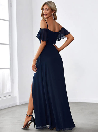 Chiffon Off-The-Shoulder Side Slit Bridesmaid Dress with sleeves